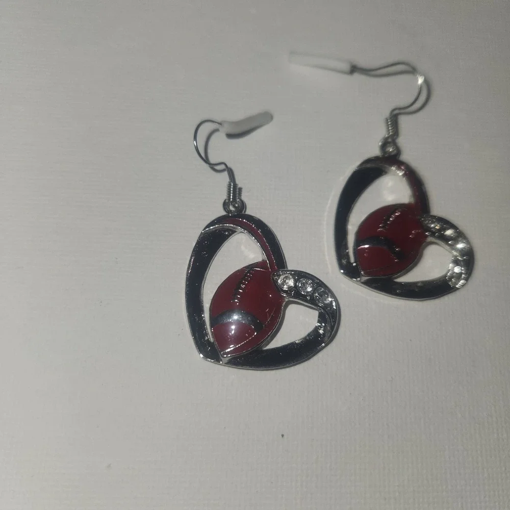 Heart Football Earrings Dangle Drop Silver‎ Tone Red Rhinestone Game Day